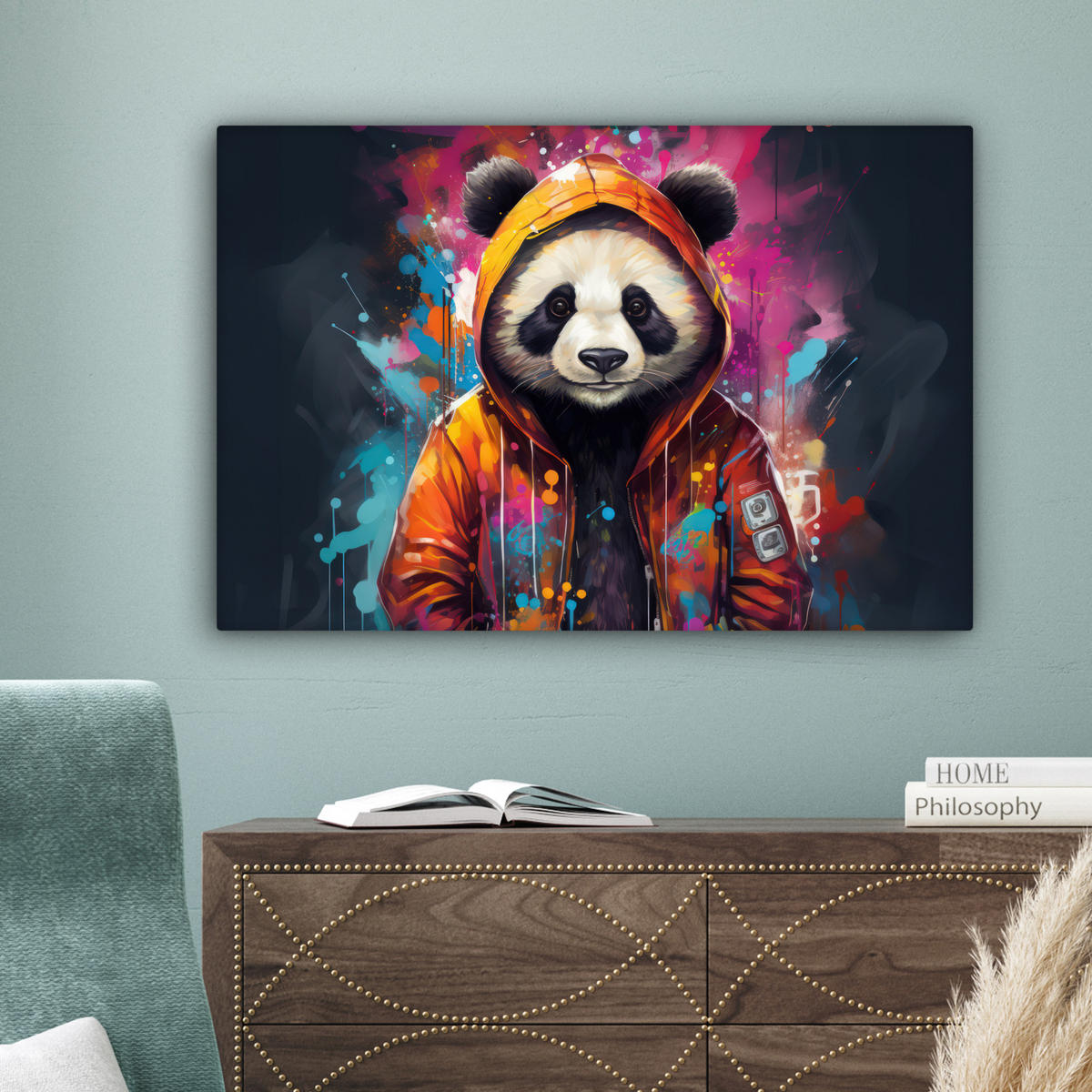 LEINWANDBILD Panda - Jacke - Graffiti - Orange 90x60 cm - Orange, Textil (90/60cm) - MuchoWow