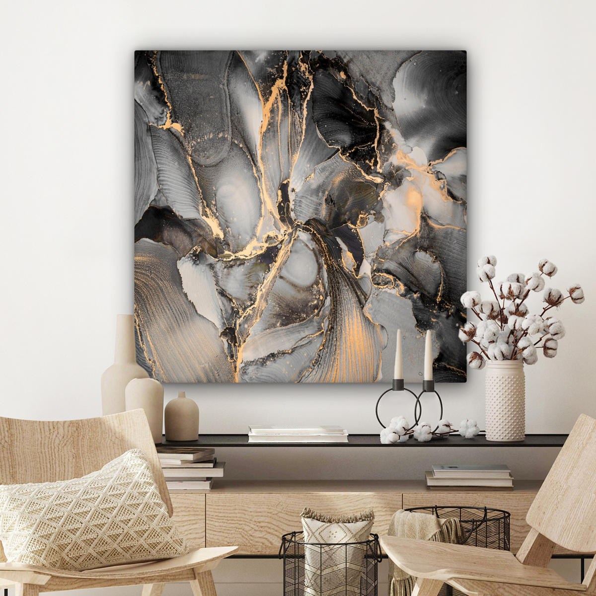 LEINWANDBILD Grau - Luxus - Gold - Marmor 90x90 cm - Dunkelgrau, Textil (90/90cm) - MuchoWow