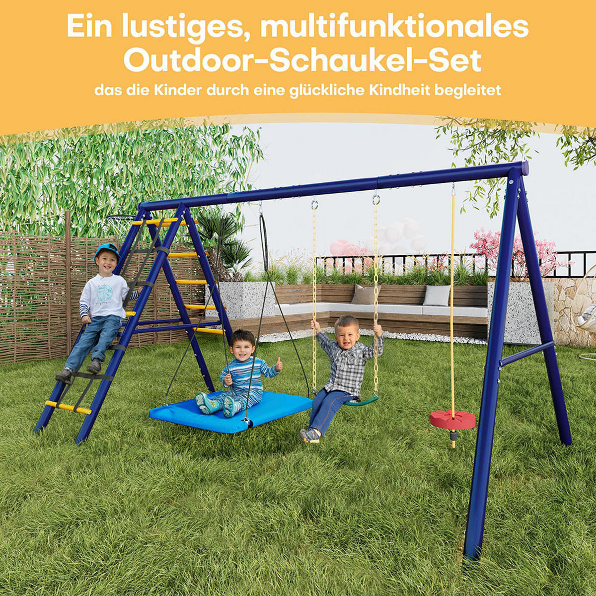 OUTDOOR-SCHAUKEL-SET mit 3 Schaukeln，Antikblau - Dunkelblau, Metall (174/310cm)