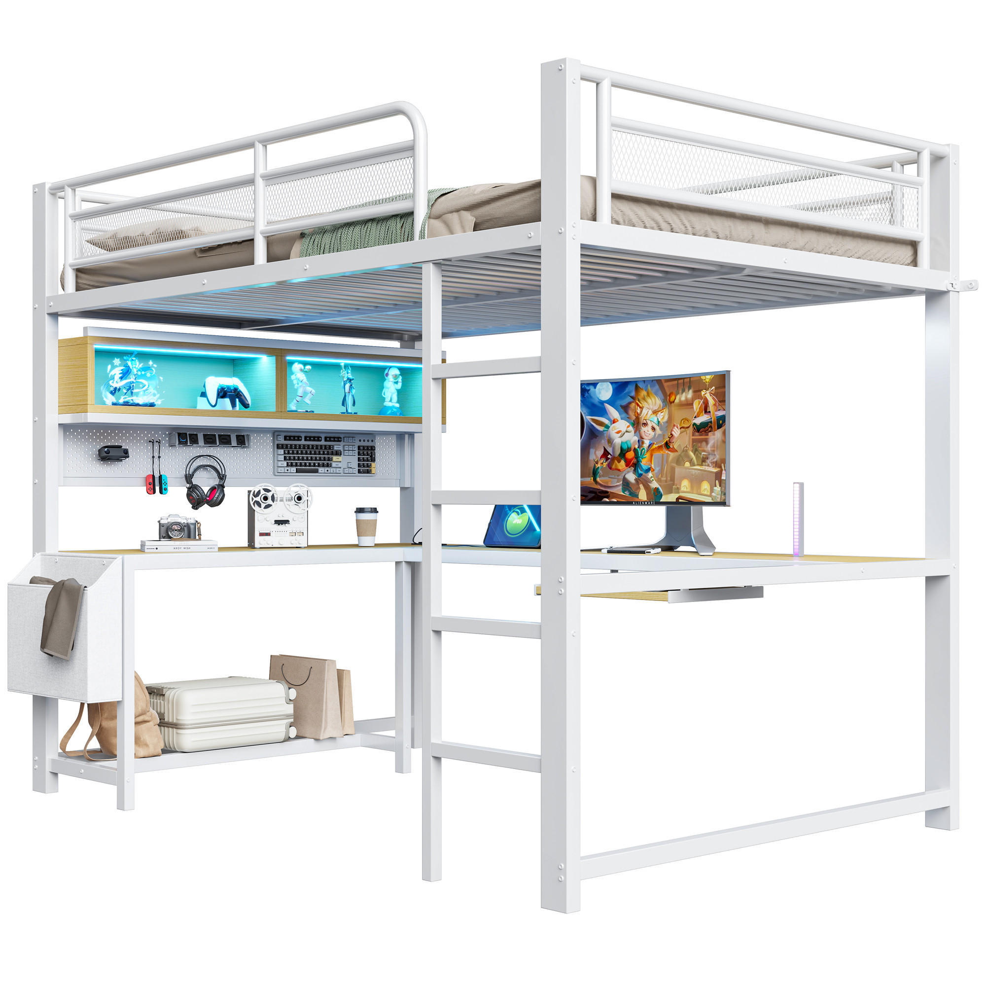 HOCHBETT 140/200 cm in Weiß mit Schreibtisch, LED und USB - Weiß, Holzwerkstoff/Metall (140/200cm) - WISHDOR