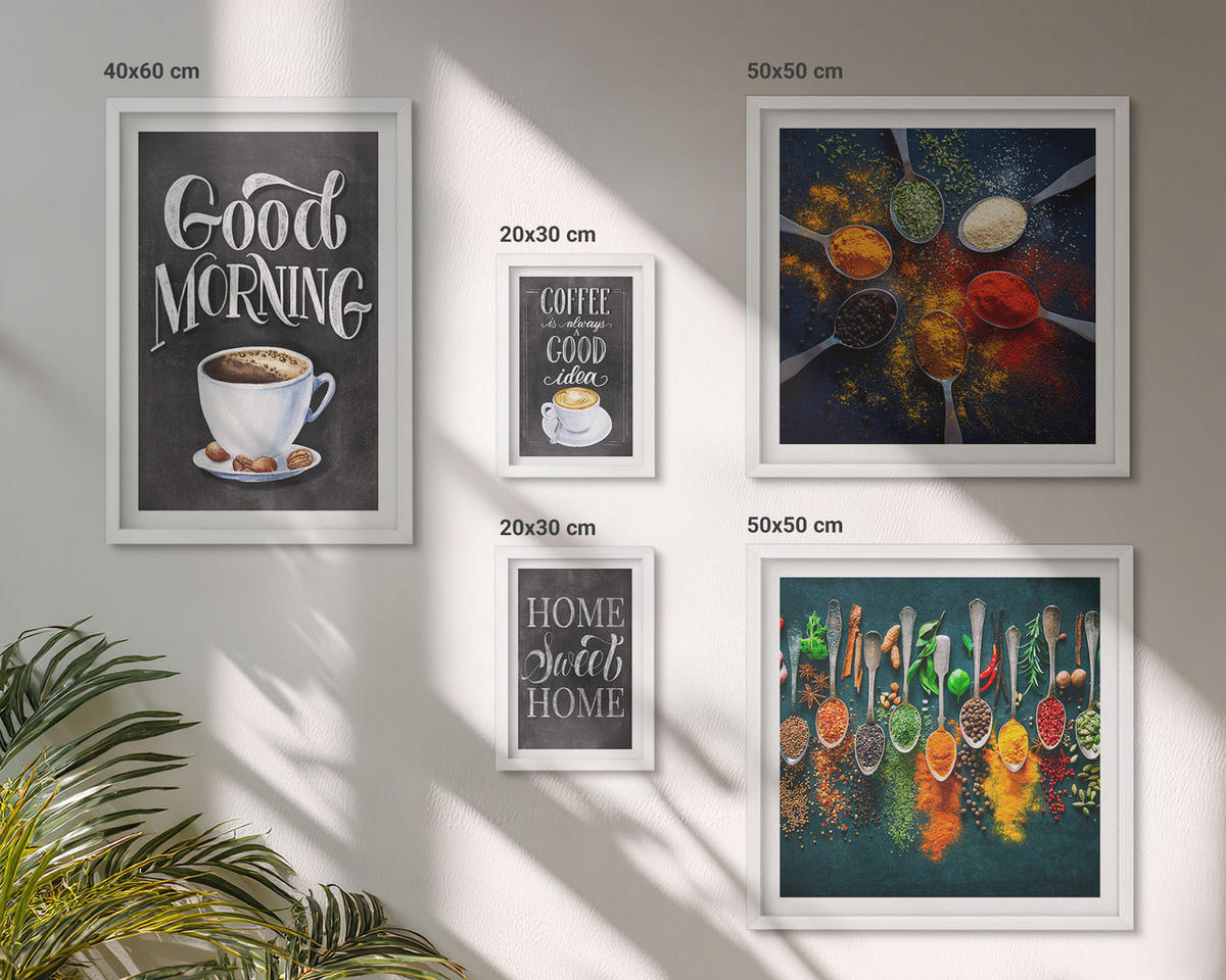 BILDER SET 5er Set - 50x50 cm & 20x30 cm & 40x60 cm Weißer Rahmen - Gewürze, Kaffee, Tasse, Kräuter - Weiß, Kunststoff (40/60cm) - TULUP