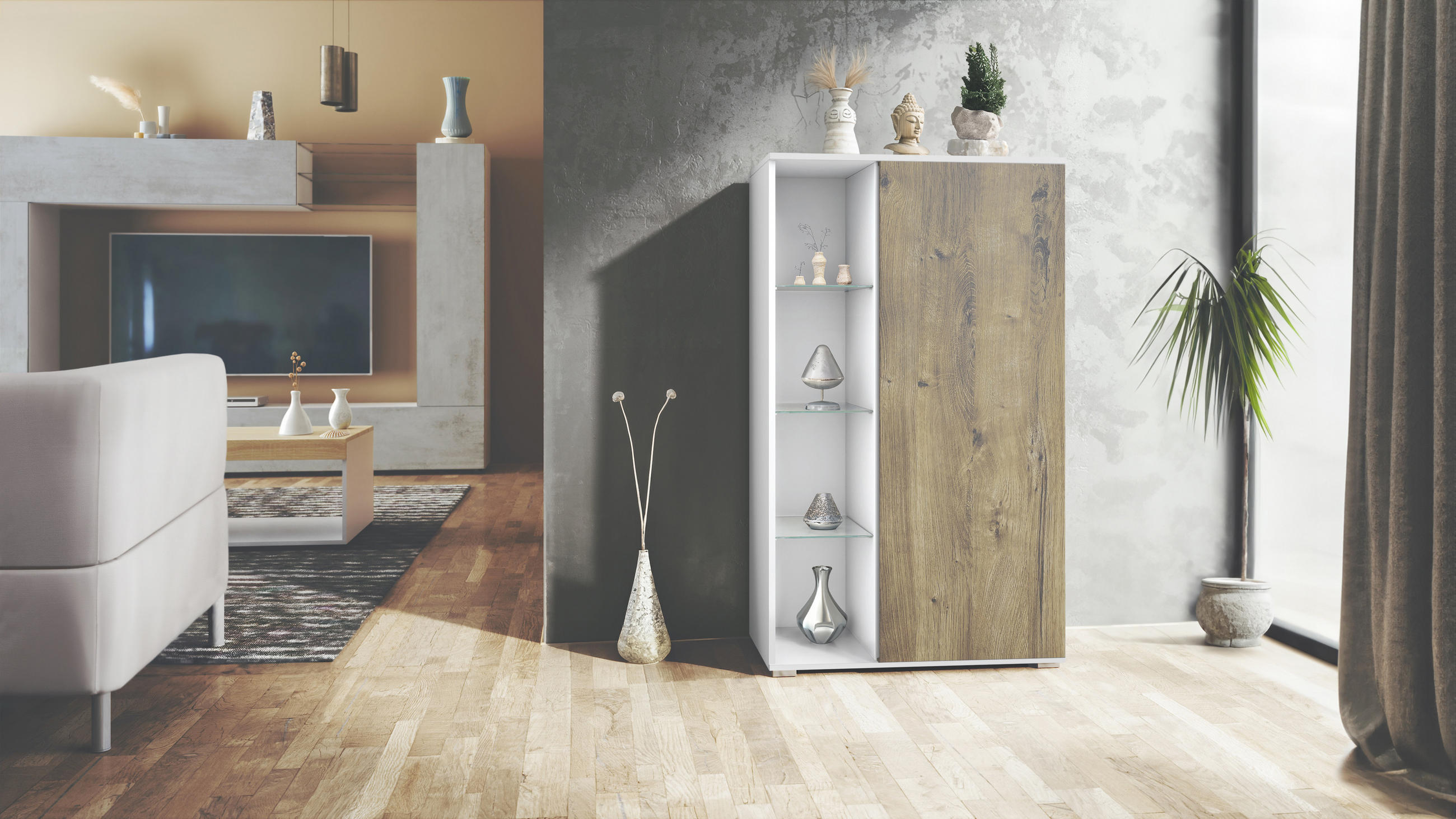 VITRINE Davos Eiche Ribbeck - Alteiche, Holzwerkstoff (71.5/134/35cm) - Vladon
