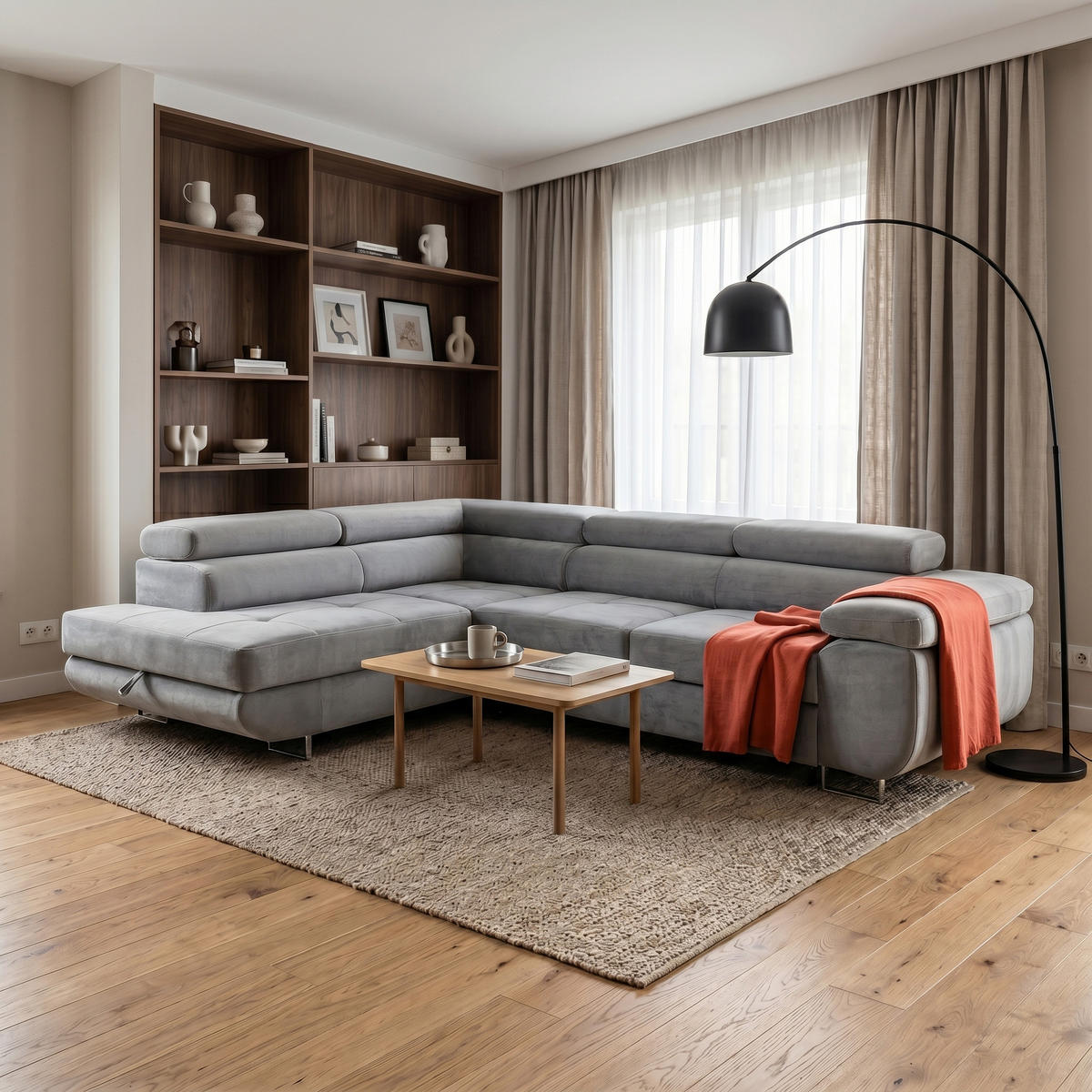 ECKSOFA WILD L Links mit Schlaffunktion 127x195 Velours Hellgrau - Chromfarben/Hellgrau, Holz/Textil (203/274cm) - Muffo