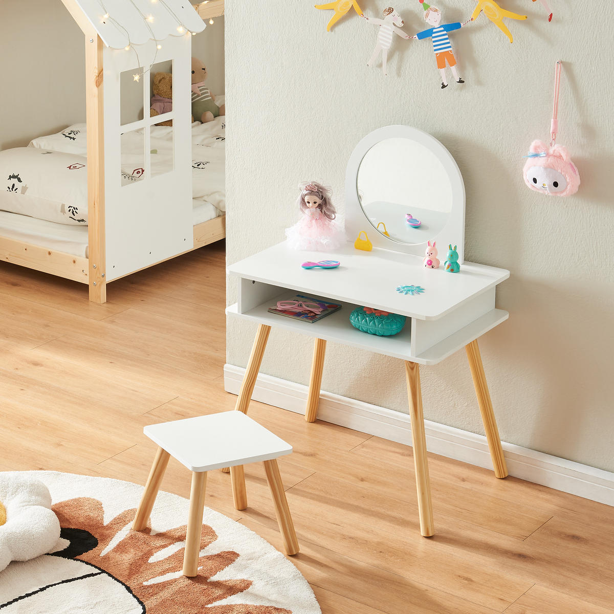 DĚTSKÁ TOALETKA, 2DÍLNÁ SADA Ovanåker - bílá/přírodní, dřevo/kompozitní dřevo (62/91.5/43.5cm) - [en.casa]