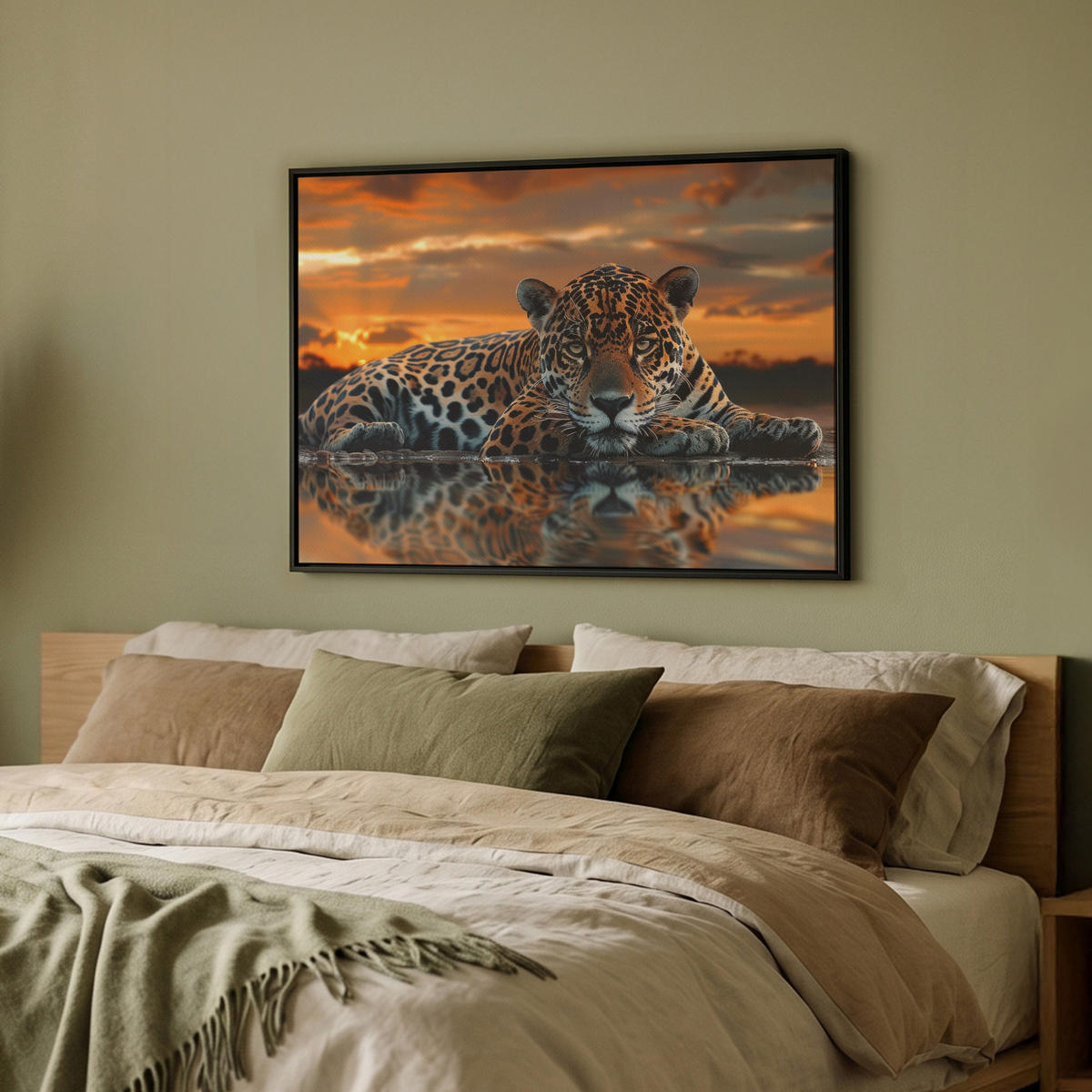 LEINWAND Bilder mit Rahmen - Natur - Leopard - Tier - Sonnenuntergang - Modern - 70x50 - Orange, Textil (70/50cm) - MuchoWow