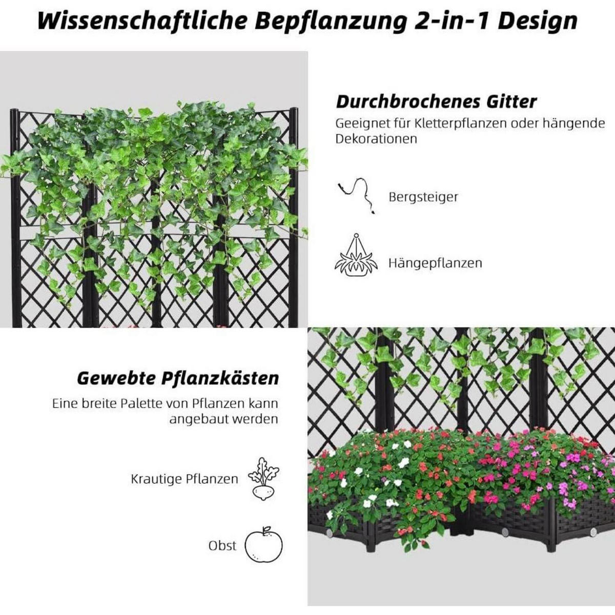 HOCHBEET mit Rankgitter und Selbstbewässerung 113 x 40 x 136 cm Schwarz - Schwarz, Kunststoff (113/121/40cm)