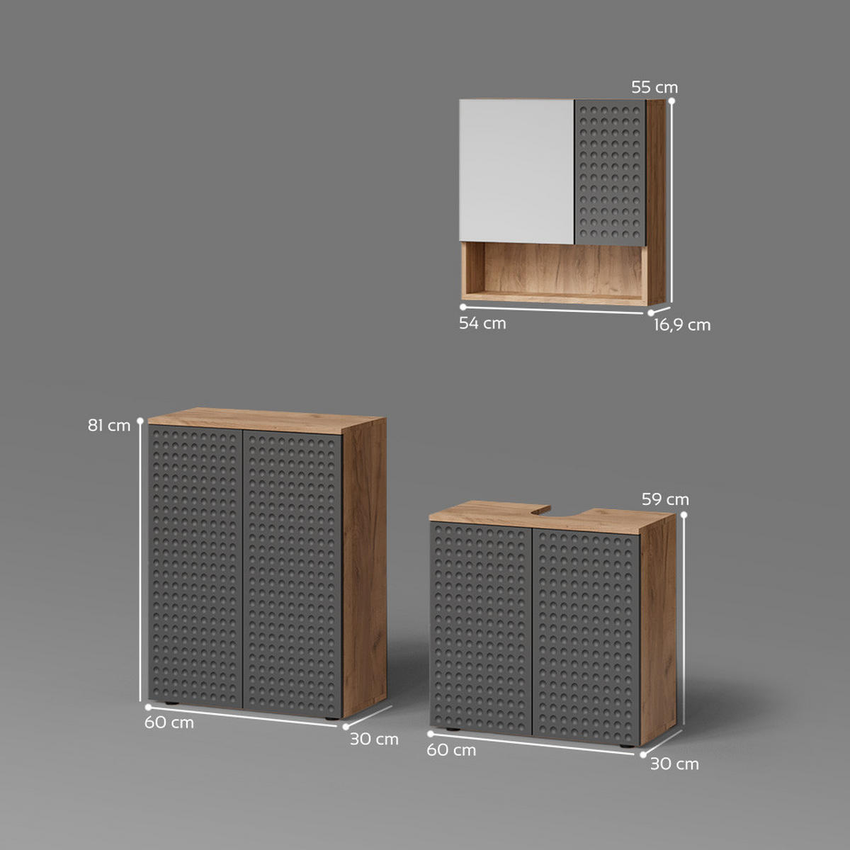 BADMÖBEL-SET Ronco Anthrazit gepunktet 3 Teile, mit Unterschrank 60 cm - Honigeiche/Anthrazit, Holzwerkstoff (80/58.6/41cm) - Livinity®