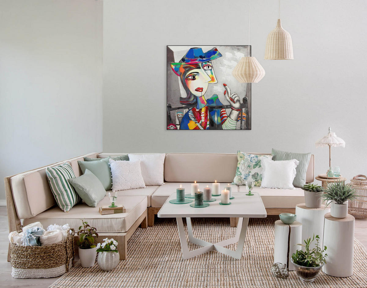 RUČNE MAĽOVANÝ AKRYLOVÝ OBRAZ 80/80 cm, sivý, figurálny motív - sivá, drevo/textil (80/80cm) - KUNSTLOFT