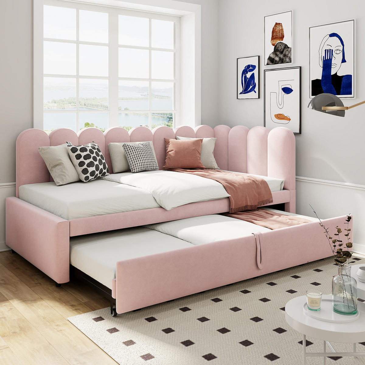 POLSTERBETT 90/200 cm L-Form Rosa Samt mit ausziehbarem Kopfteil - Rosa, Textil (90/200cm) - OKWISH