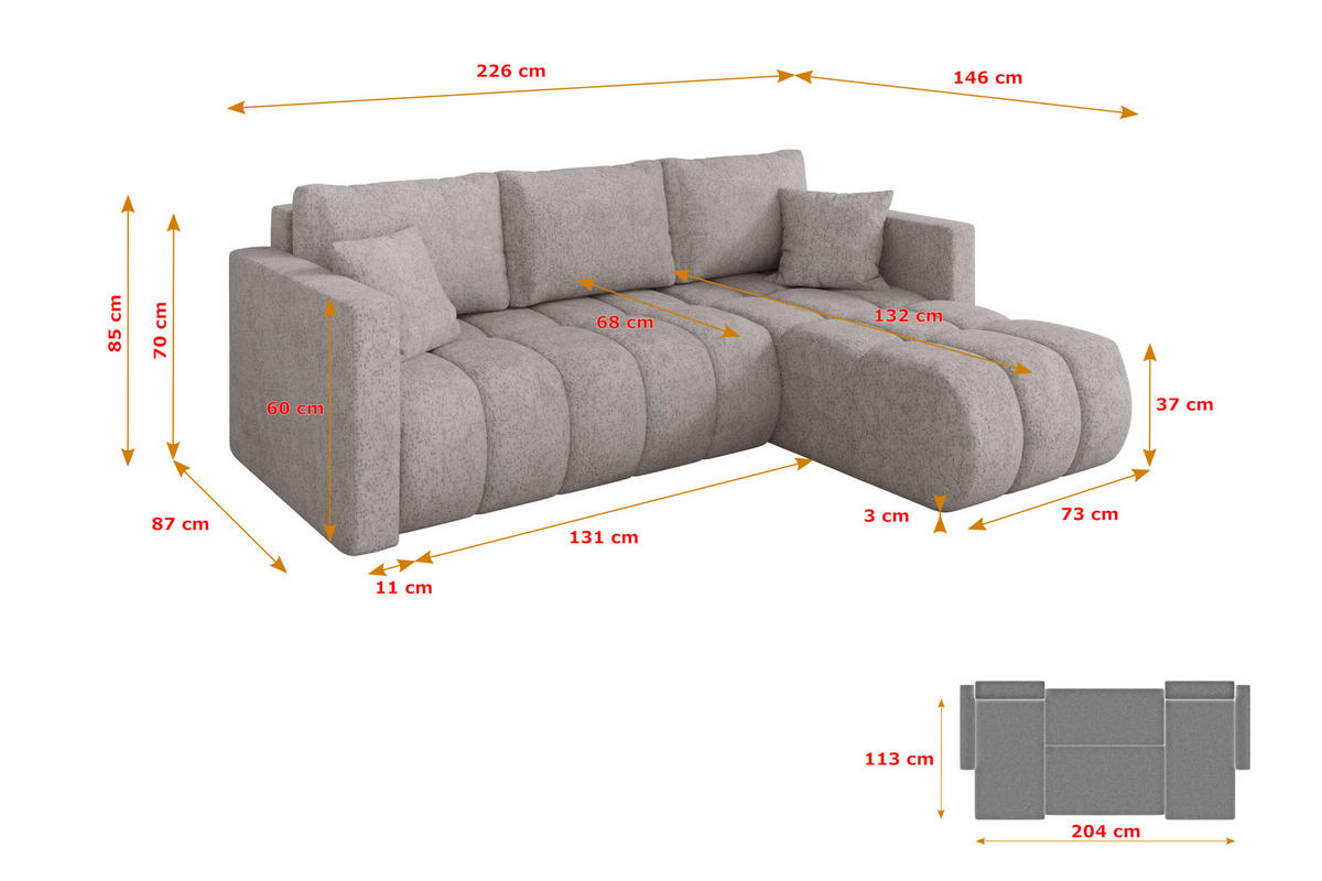 ROHOVÁ SEDAČKA s funkcí spaní, otoman vpravo GARD-L 226x146x85 světle šedá velur - černá/světle šedá, kompozitní dřevo/textil (226/146cm) - ALTDECOR