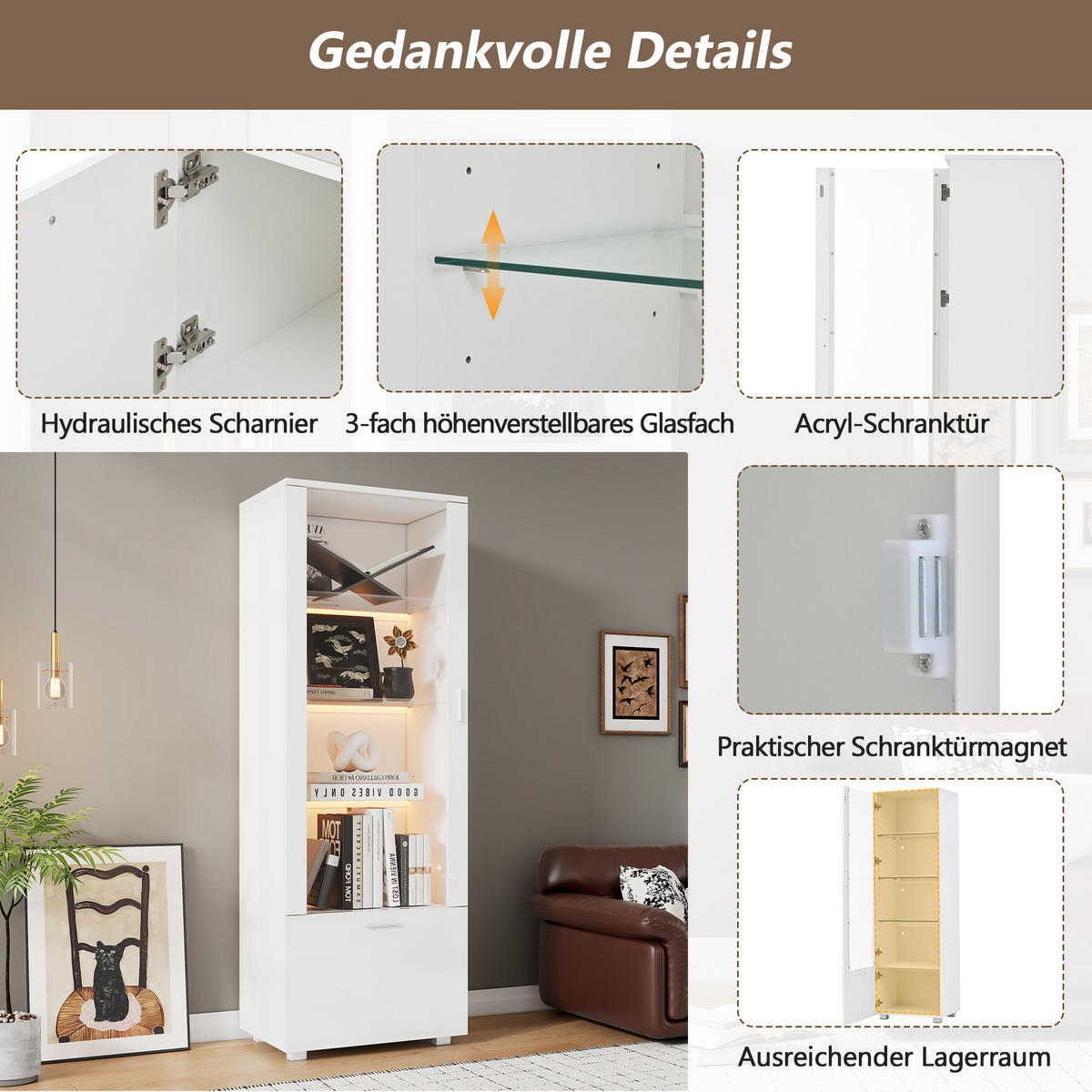 VITRINE LED Hochglanz Acryl 160cm 3 Böden Weiß - Weiß, Holzwerkstoff (50/160/40cm) - FLIEKS