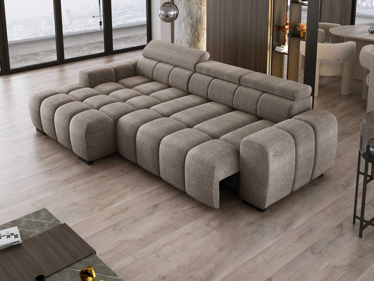 ECKSOFA OMBO 285x168x77/97 cm, Links, Schlaffunktion, elektr. Sitz, Kopfstützen, hydrophober EDEN-Stoff – Cappuccino - Cappuccino, Holz/Textil (168/285cm) - DomoHome
