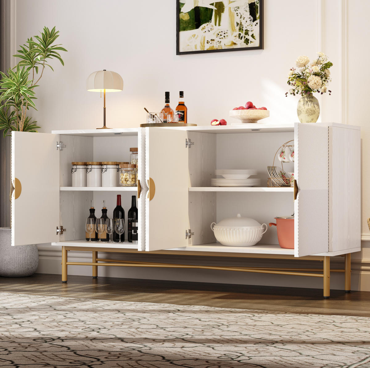 SIDEBOARD 160/40/82 cm mit 4 Türen in Weiß mit Strukturfronten & goldfarbenen Details - Weiß, Holzwerkstoff (160/82/40cm) - BEAOK