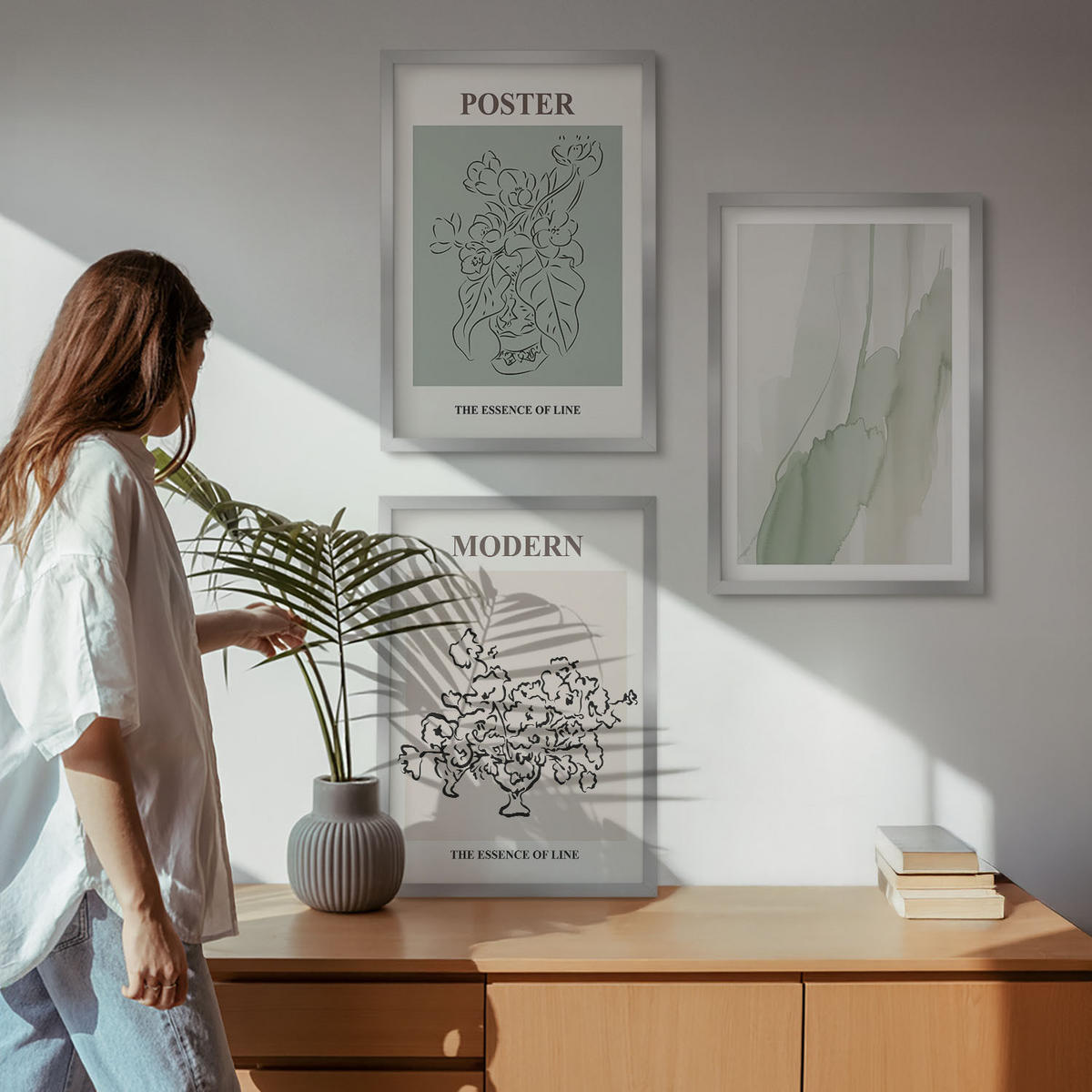 WANDBILDER 3er Set - 40x60 cm Silberner Rahmen - Blumen in einer modernen Vase - Silberfarben, Kunststoff (40/60cm) - ArtPrintCave