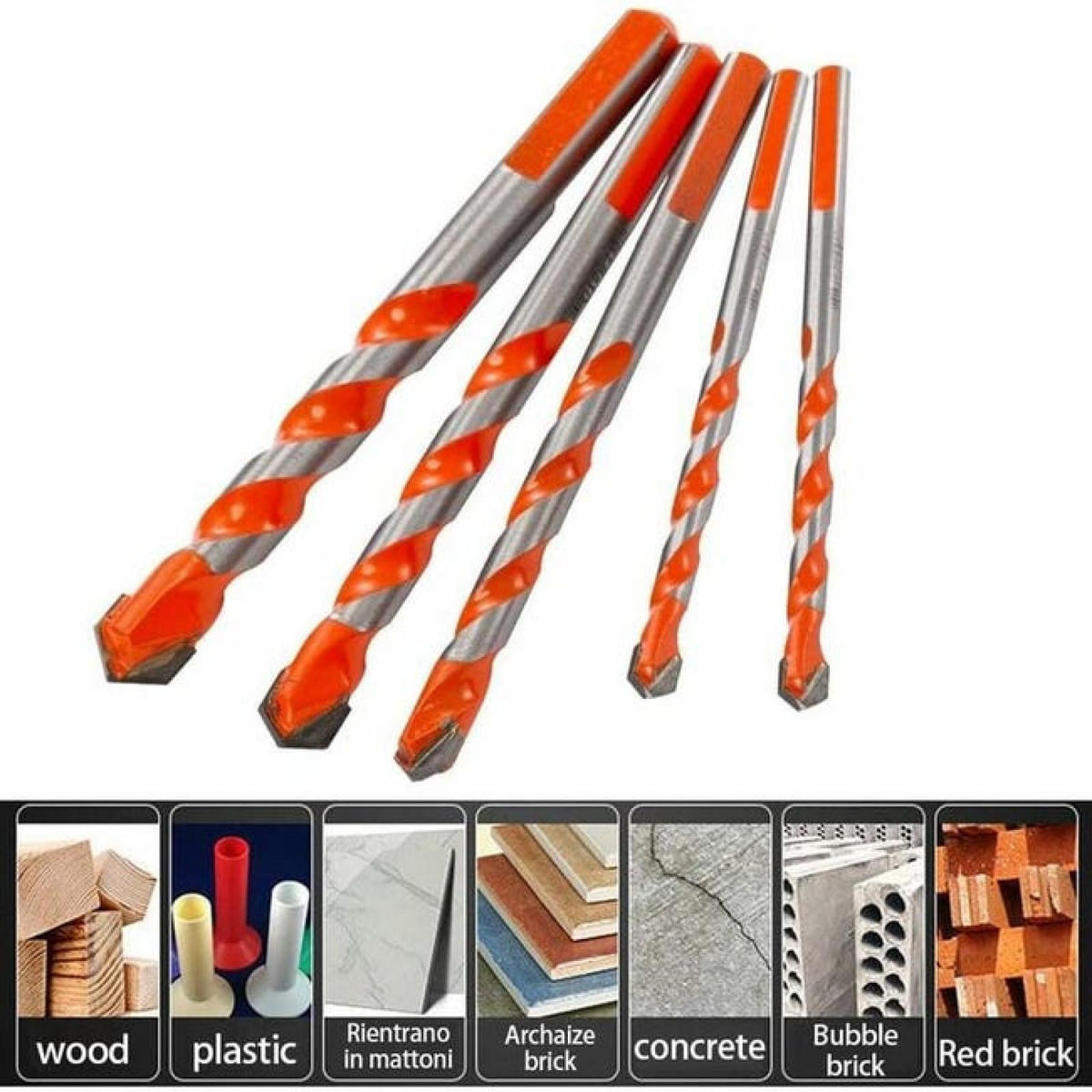 BOHRER - 5-teiliges Set (6/6/8/10/12 mm) - geeignet für Beton, Glas und andere Materialien. - Orange, Metall (1.2/1.2/12.1cm) - DCA