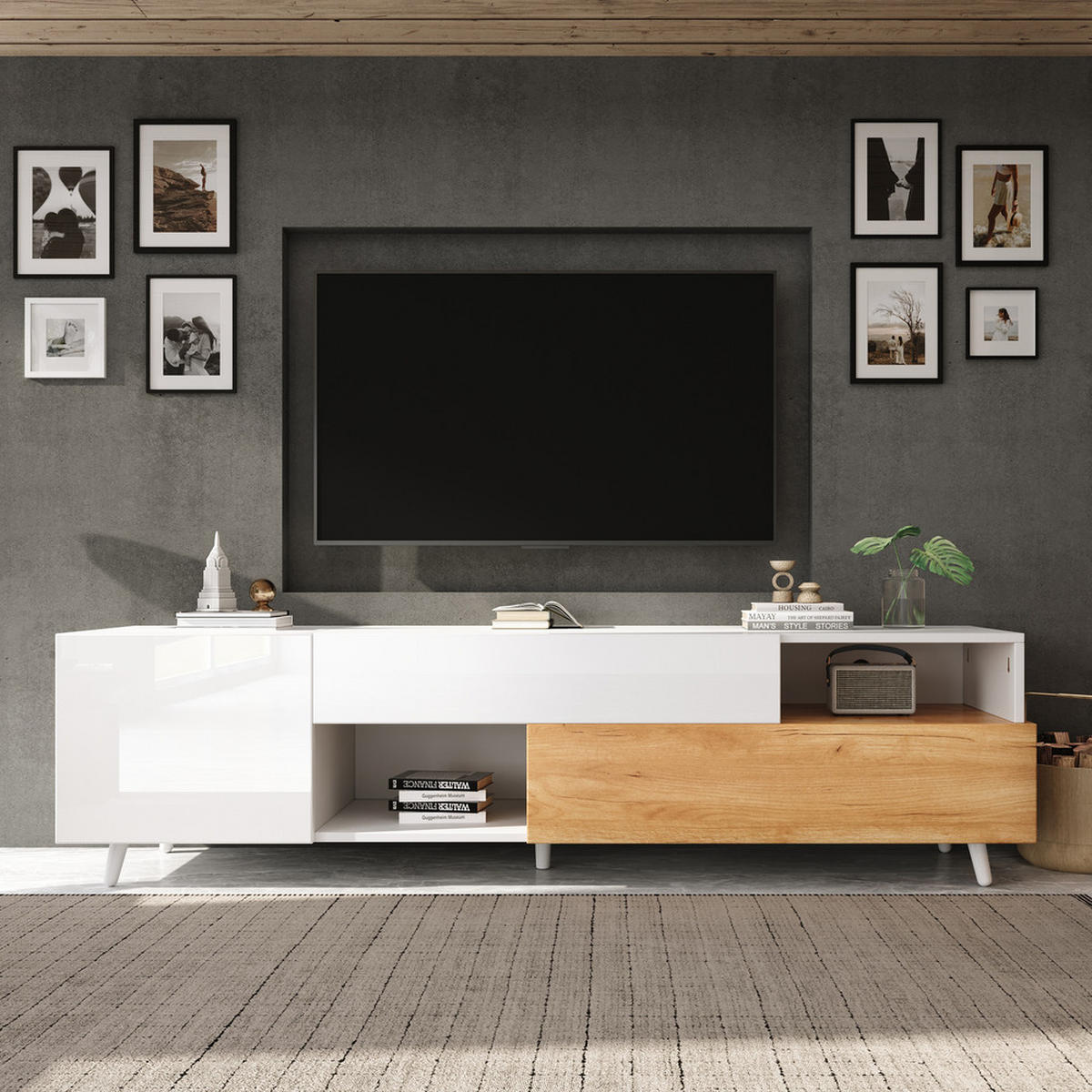 TV-SCHRANK 180x38cm Lowboard Hochglanz 1 Schublade 7 Fächer bis 75 Zoll - Weiß, Holz (52.98/22.99/56.01cm) - FLIEKS