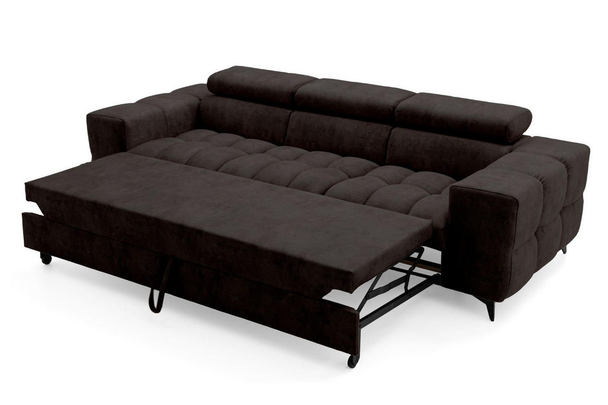 3-SITZER Sofa PUDDING mit Schlaffunktion 127x190 Velours Dunkelbraun - Dunkelbraun/Schwarz, Holz/Textil (260/90/100cm) - Muffo