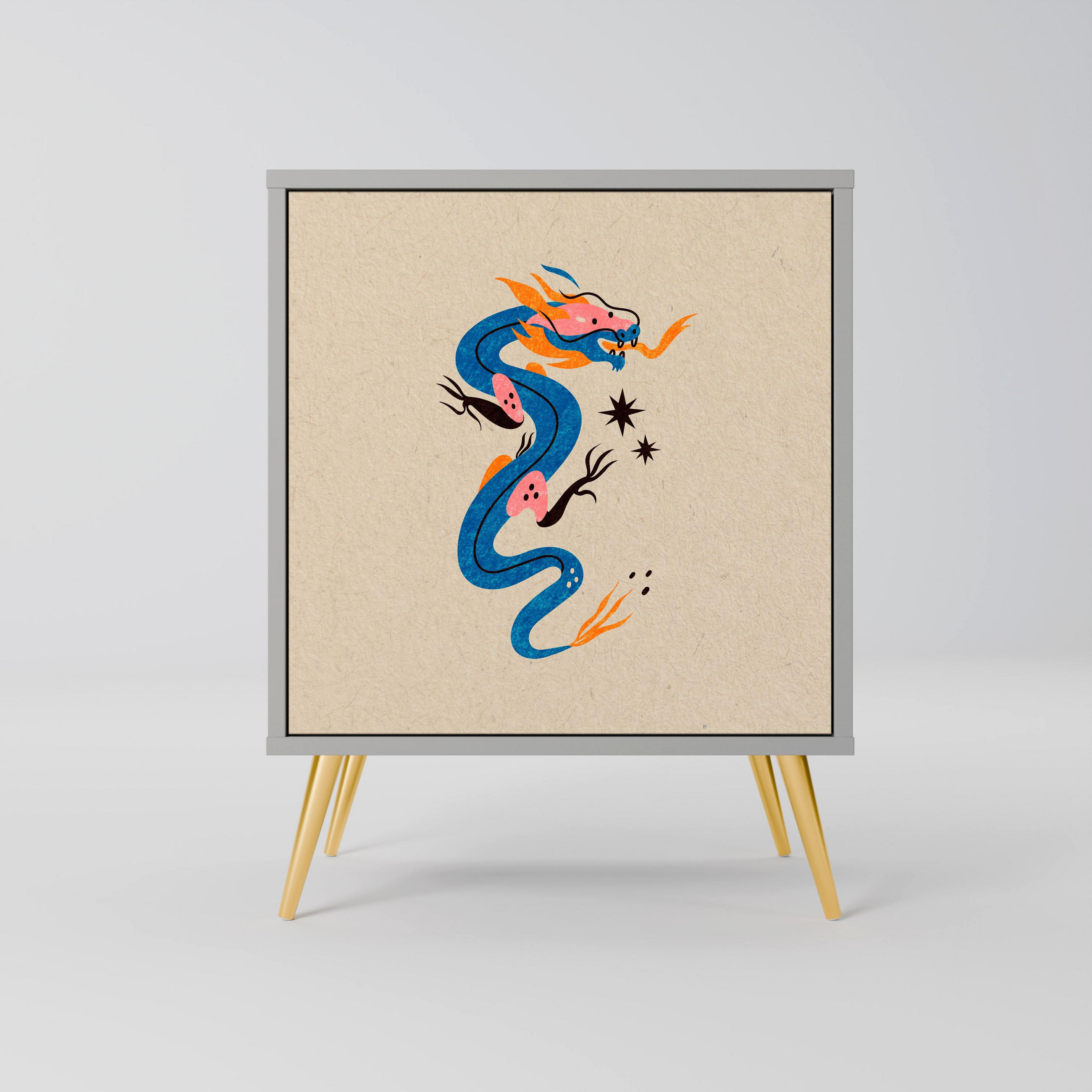 SIDEBOARD MYTHOLOGICAL CREATURES, Grau, 57,5x42x75,5 cm, Goldfarbene Metallfüße - Goldfarben/Multicolor, Holzwerkstoff/Metall (57.5/75.5/42cm) - SpaceRebels