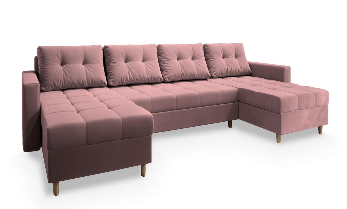 WOHNLANDSCHAFT MILO U Rosa Plüsch-Stoff mit Schlaffunktion - Rosa, Holz (285/91/140cm) - MASSENO