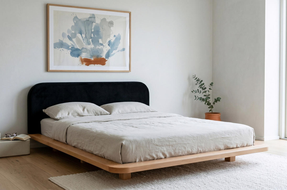 MASSIVHOLZBETT Eyko BORA, 180/200, Buche - lackiert, Samt-Kopfteil Schwarz - Buchefarben/Schwarz, Holz/Textil (180/200cm)