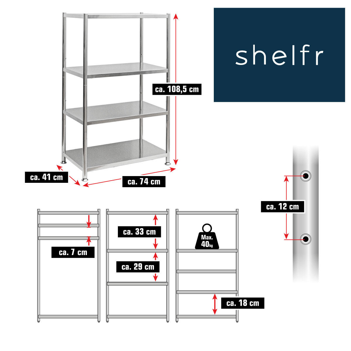 EDELSTAHL-REGAL 74x41x109 bis 160kg inkl. 4 Ebenen - Silberfarben, Metall (41/109/74cm) - shelfr