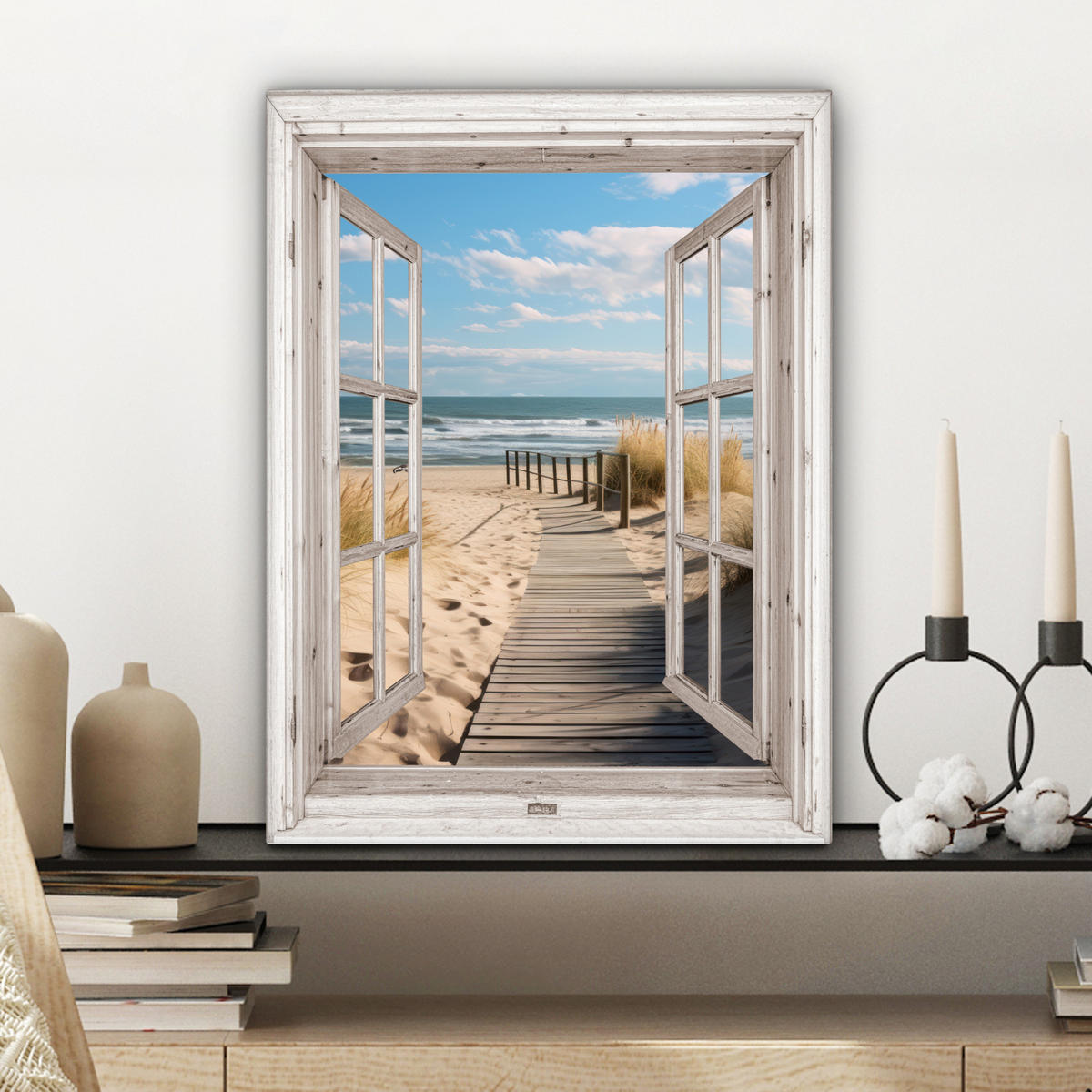 LEINWANDBILD Fenster - Meer - Küste - Natur - Ausblick - Strand - Wattenmeer 30x40 cm - Beige, Textil (30/40cm) - MuchoWow