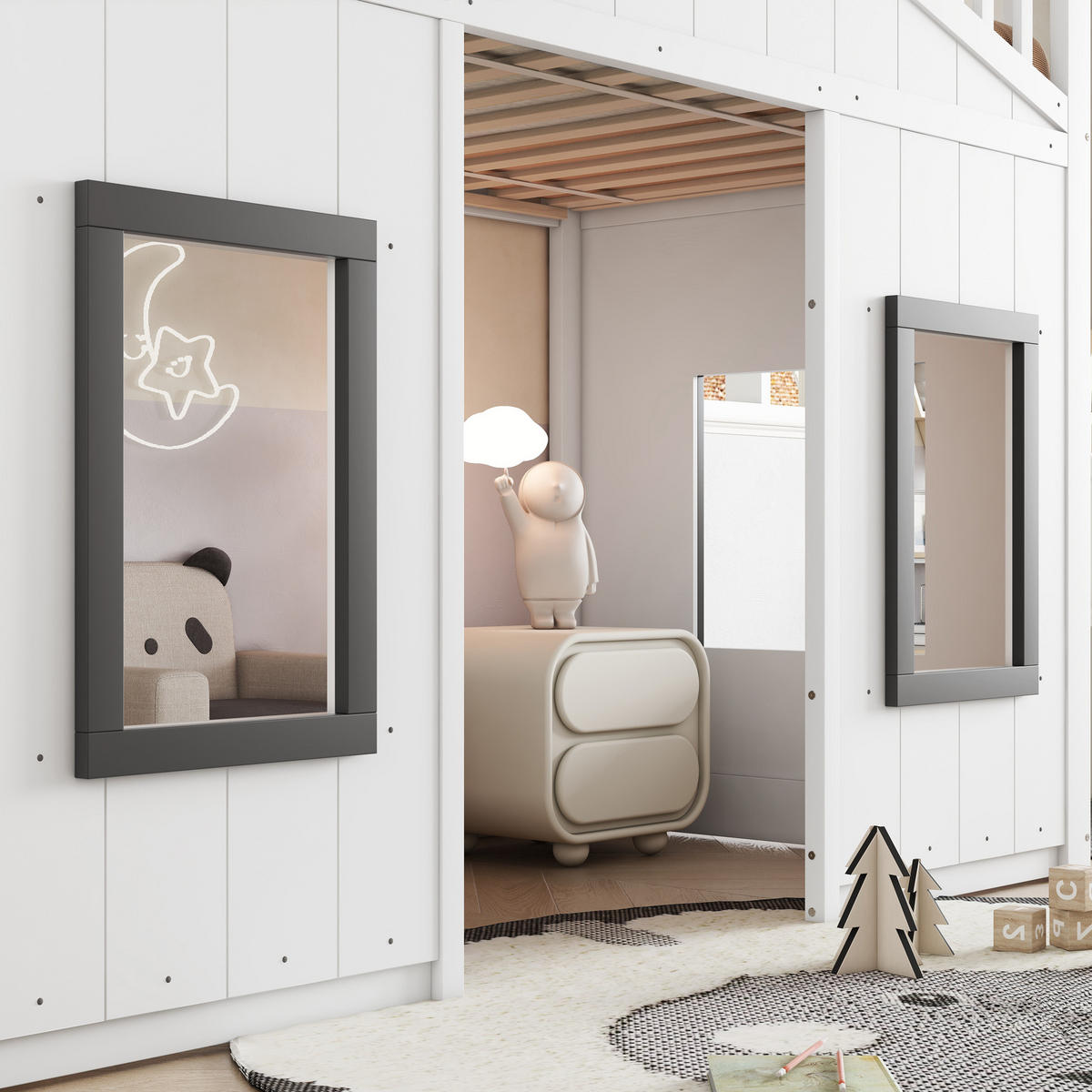 ETAGENBETT 90/200 cm Weiß mit Treppe und Fallschutz aus Kiefer+MDF - Weiß, Holzwerkstoff (90/200cm) - OKWISH