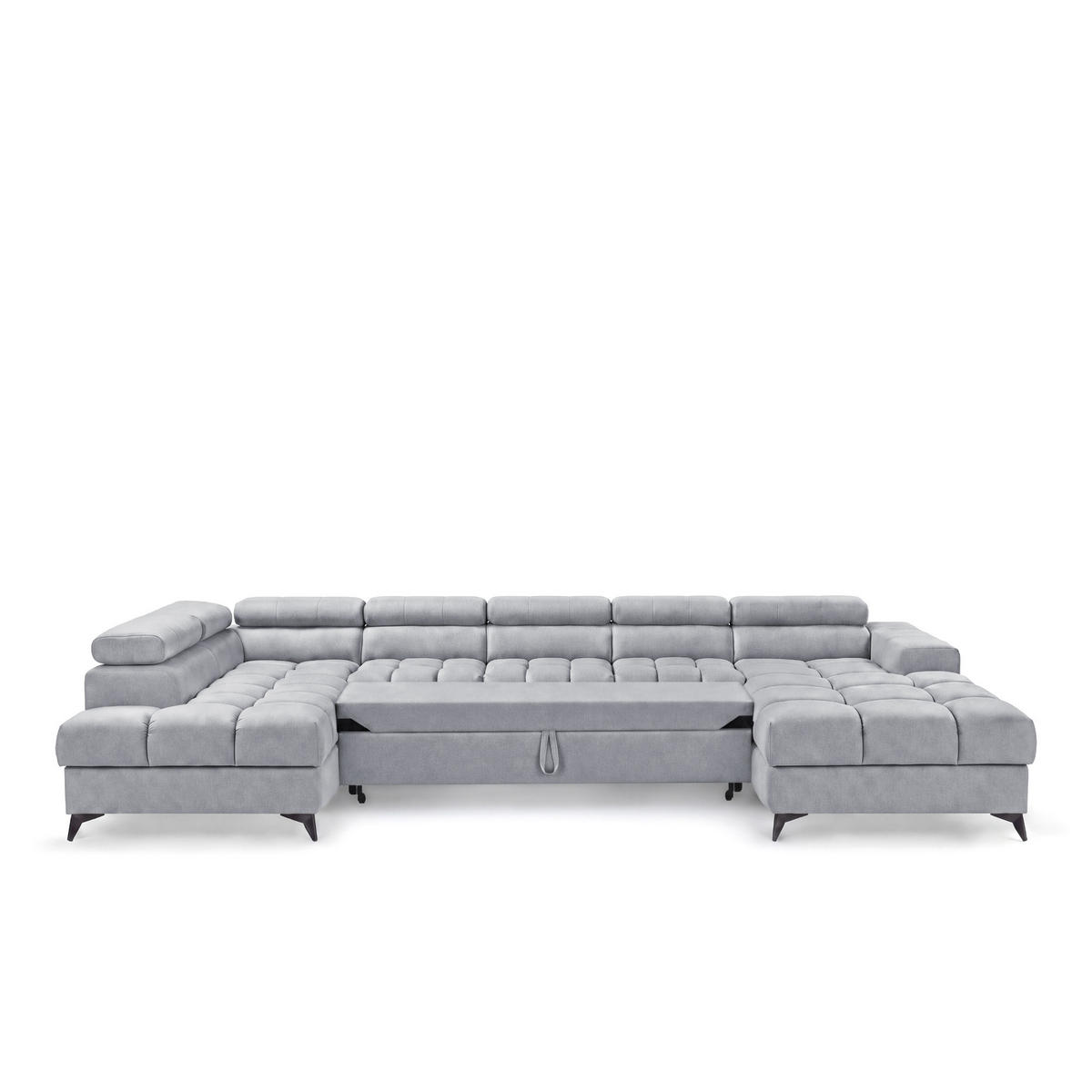 ECKSOFA PUDDING MAXI U Links mit Schlaffunktion 125x330 Velours Hellgrau - Hellgrau/Schwarz, Holz/Textil (203/421cm) - Muffo