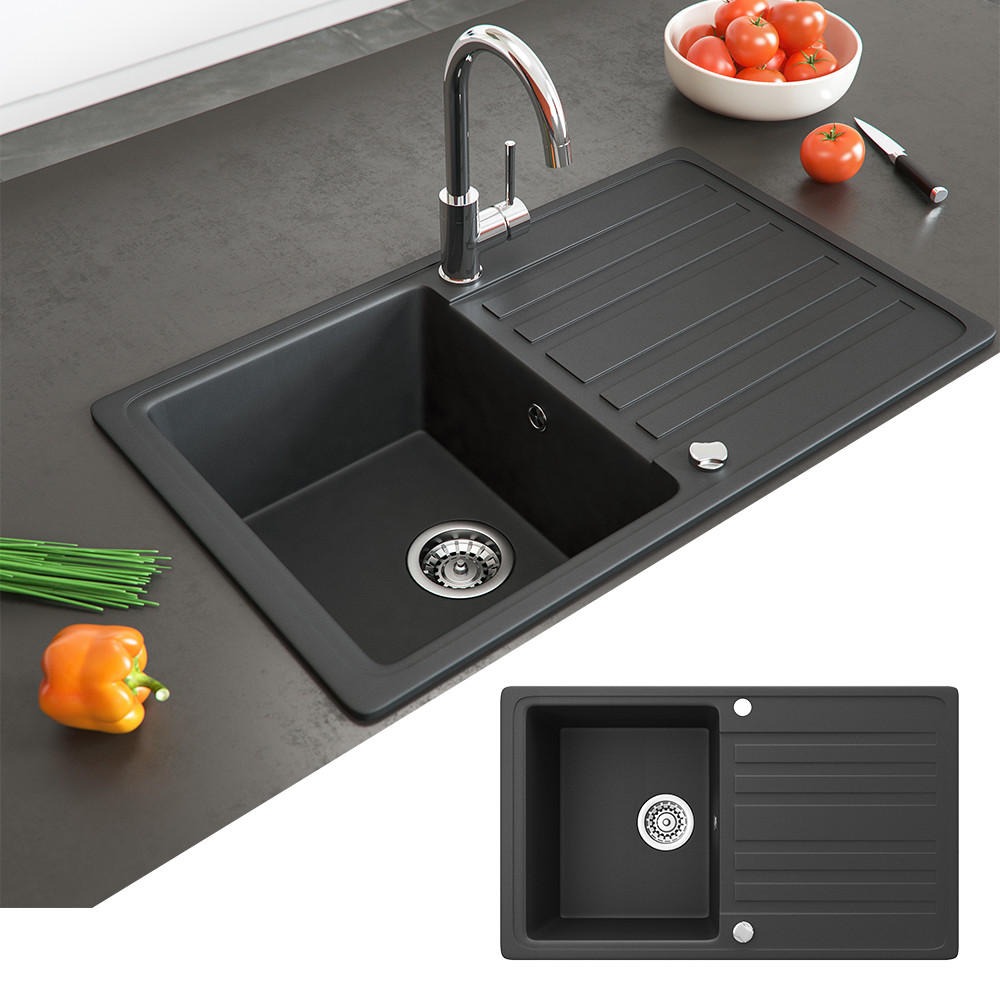 SPÜLBECKEN Schwarz 76.5 x 46 cm mit Trockenplatz - Schwarz, Keramik (76.5/19/46cm) - Bergstroem