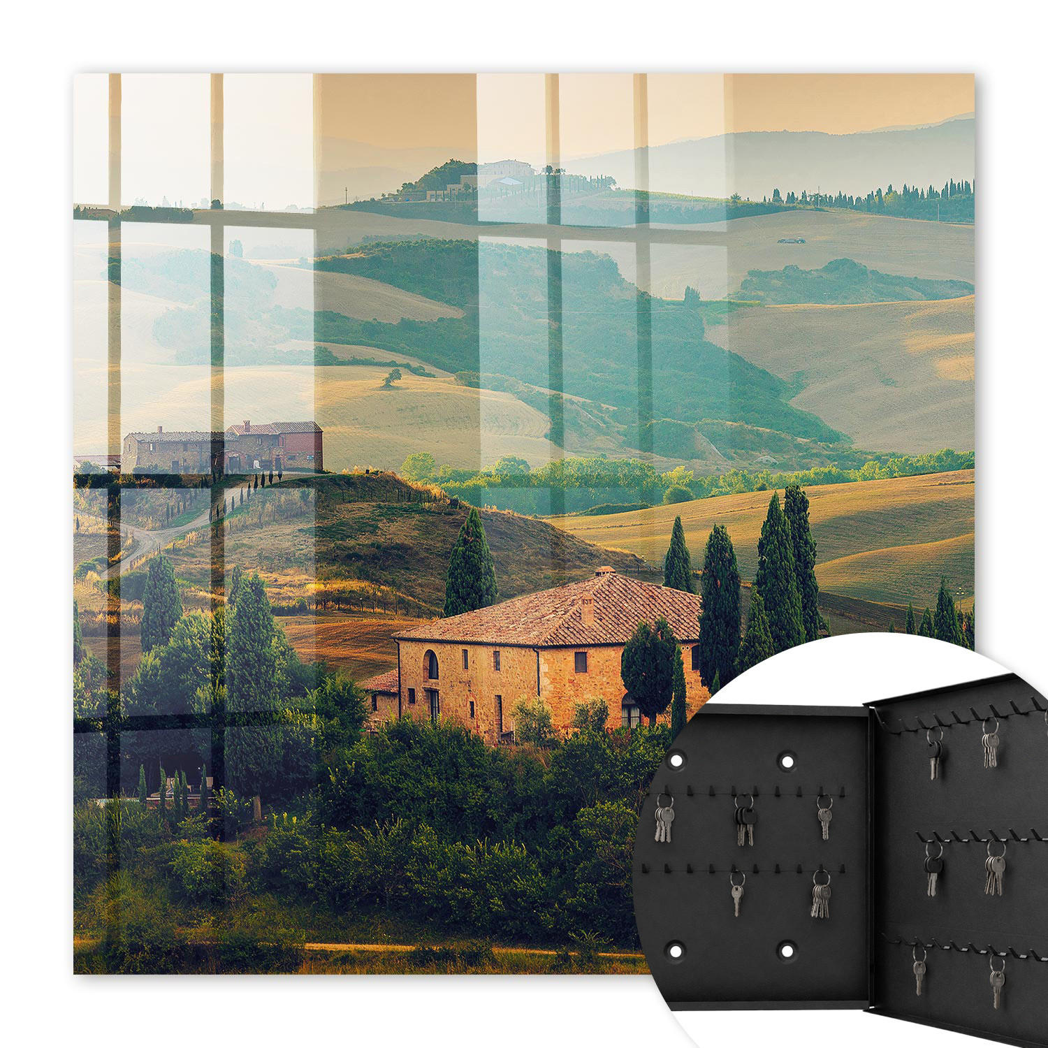 SCHLÜSSELBOX Schwarz 30x30 cm- Türöffnung nach rechts - Toskana-Landschaft - Grün, Metall (30/30/5cm) - TULUP