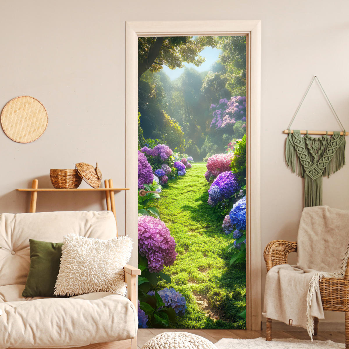 TÜRAUFKLEBER Selbstklebend - Natur - Hortensie - Blumen - Grün 95x235 cm - Türtapete - Hellgrün, Kunststoff (95/0.1cm) - MuchoWow