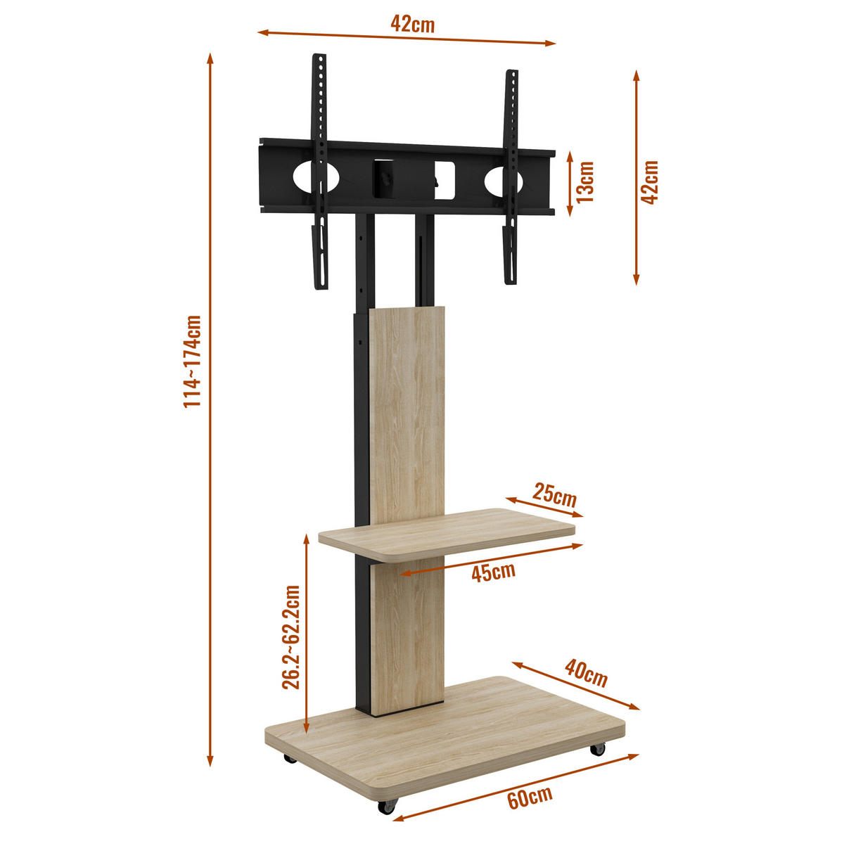 TV-STÄNDER Breite 60 cm höhenverstellbar mit Rollen & MDF-Ablagen - Hellbraun, Holzwerkstoff (60/150/40cm) - BEAOK
