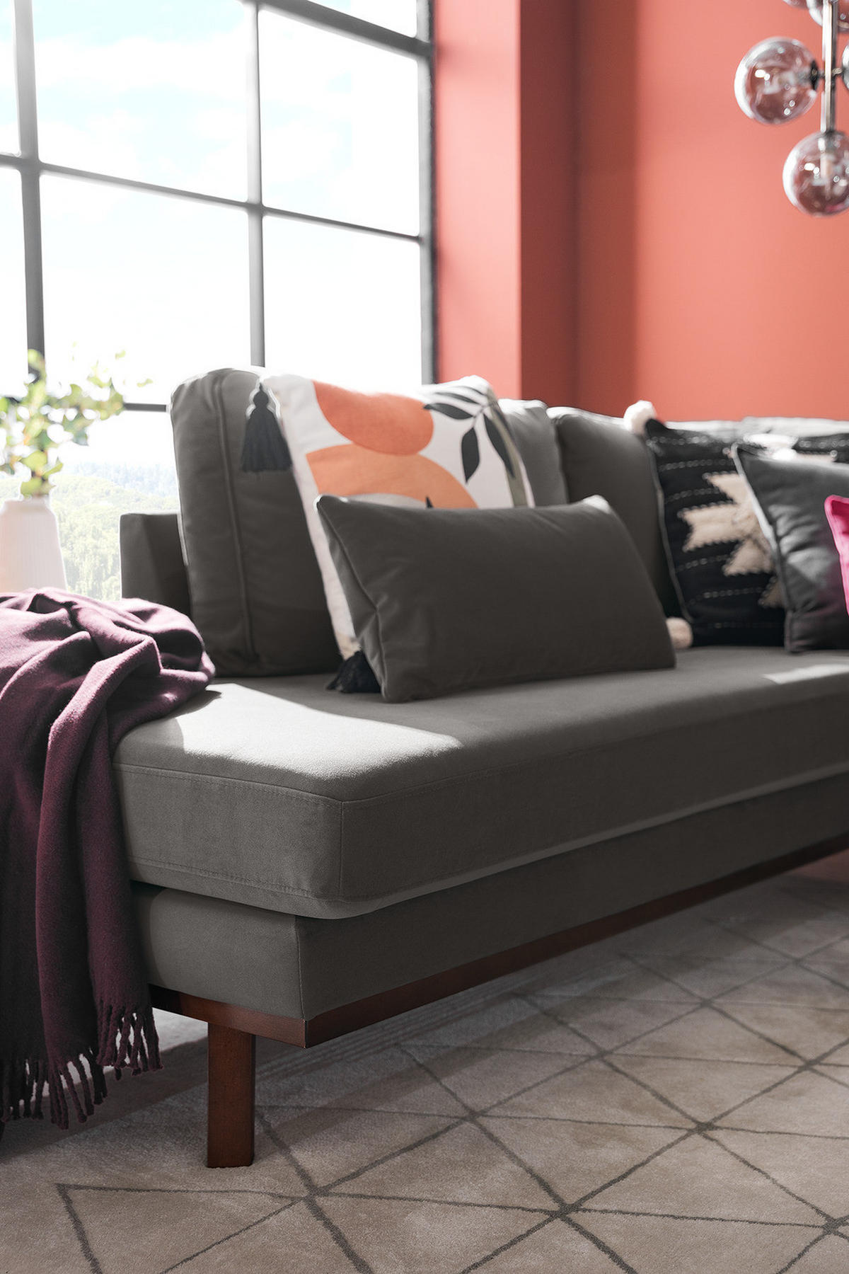 ECKSOFA mit Ottomane - Dunkelgrau/Buchefarben, Buchenholz/Textil (287/219cm) - home24