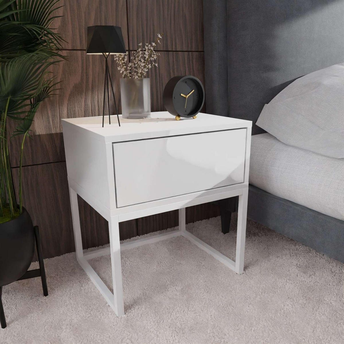 NACHTTISCH BLANCO LOFT Weiß Hochglanz auf weißem Gestell PUSH OPEN - Weiß Hochglanz, Holzwerkstoff (45/53/37cm) - Lookway
