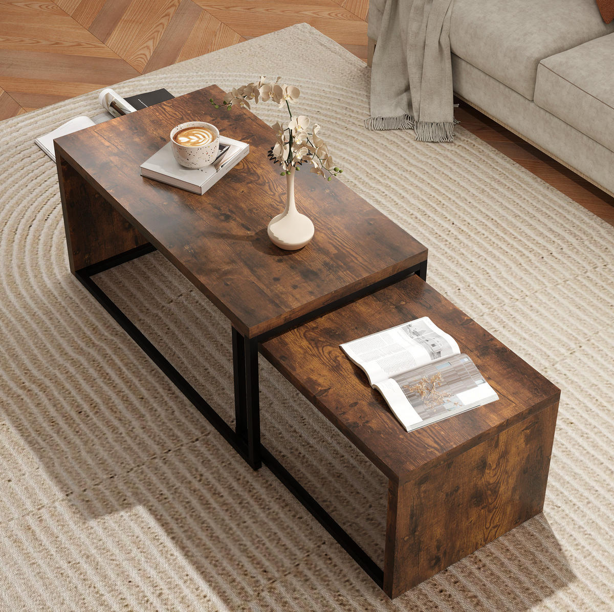 COUCHTISCH 90/48/42 cm und 59/42/36 cm rustikal braun aus Holz mit Metallrahmen - Braun, Holz (90/48/42cm) - OKMYHOME
