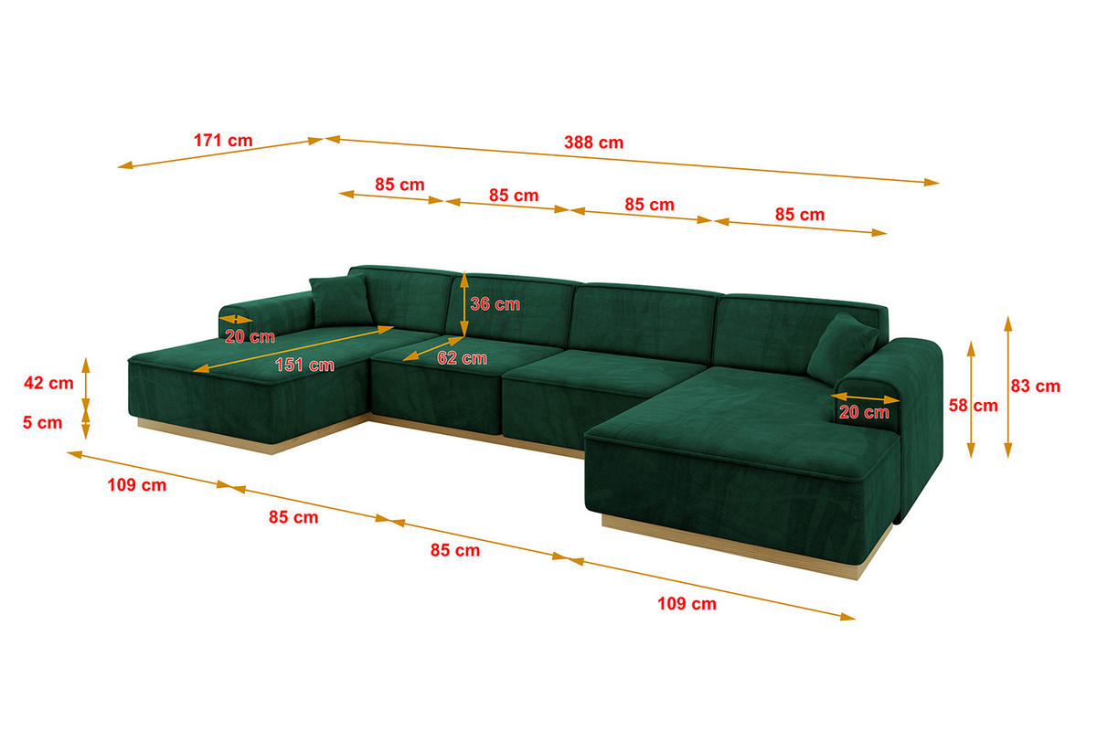 WOHNLANDSCHAFT IREA-U2-v2 - 388x171x83 cm Grün - Dunkelgrün, Holzwerkstoff/Textil (388/83/171cm) - ALTDECOR