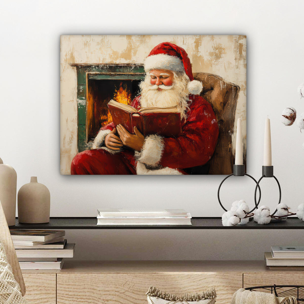 LEINWANDBILD Weihnachten - Weihnachtsmann - Winter - Open Fireside 40x30 cm - Dunkelrot, Textil (40/30cm) - MuchoWow