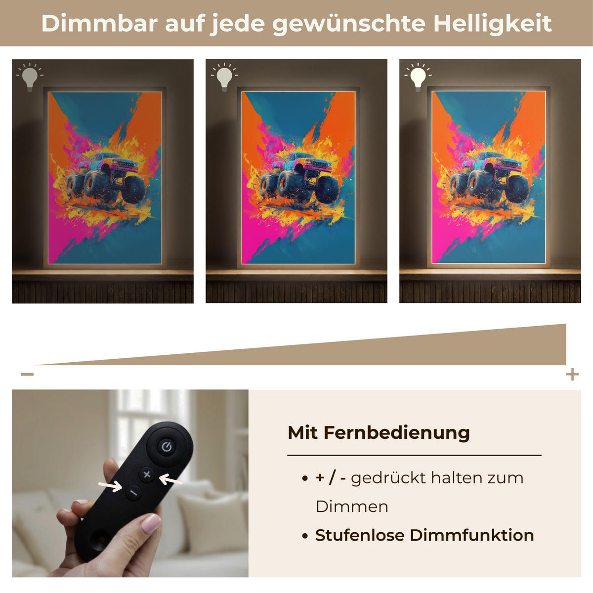DOBÍJECÍ NOČNÍ LAMPIČKA Monster truck - Abstraktní - Stříkající barva - Barevné 40x60 cm - růžová, kompozitní dřevo (8/40/60cm) - OnlyWow