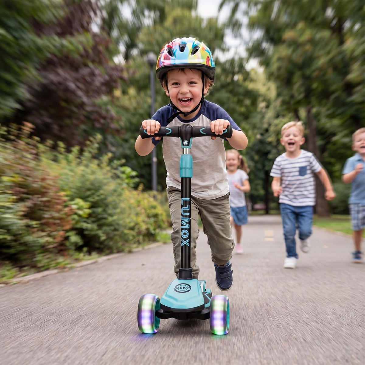 KINDERROLLER Lumox höhenverstellbarer Lenker inkl. Leuchtränder blau - Blau, Metall (59/28/81cm) - Juskys