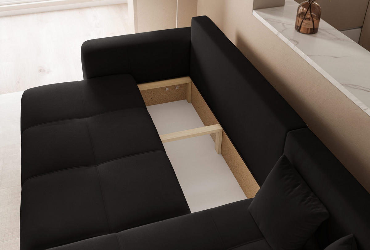 ECKSOFA Schwarz Velours mit Bettkasten und Schlaffunktion - Schwarz, Textil (248/145cm) - Idohome