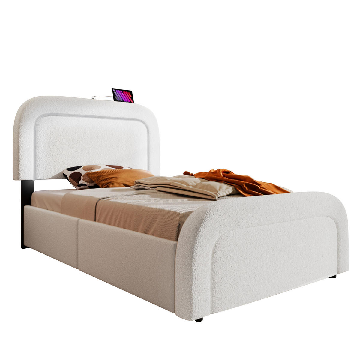 POLSTERBETT 90/200 cm mit LED-Beleuchtung, USB-C und 2 Schubladen in Weiß - Weiß, Textil (90/200cm) - BEAOK