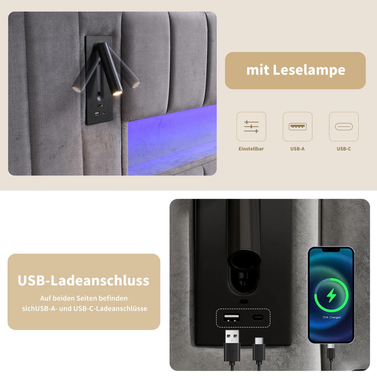 ČALÚNENÁ posteľ zo zamatu 180x200 cm sivá s USB portami, LED osvetlením a úložným priestorom - sivá, textil (180/200cm) - Modfu
