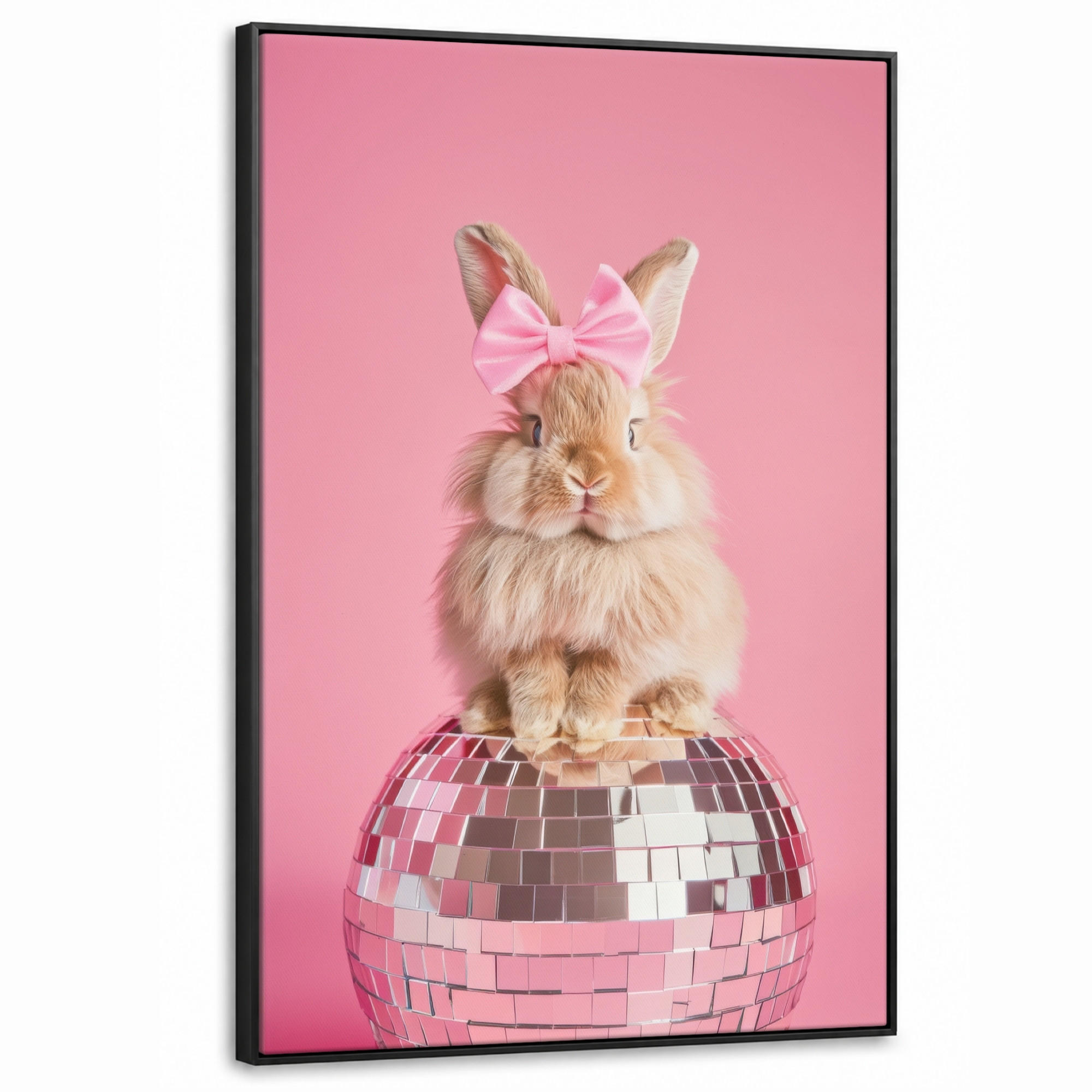 LEINWAND Bilder mit Rahmen - Schleife - Discoball - Kaninchen - 100x150 - Pink, Textil (100/150cm) - MuchoWow