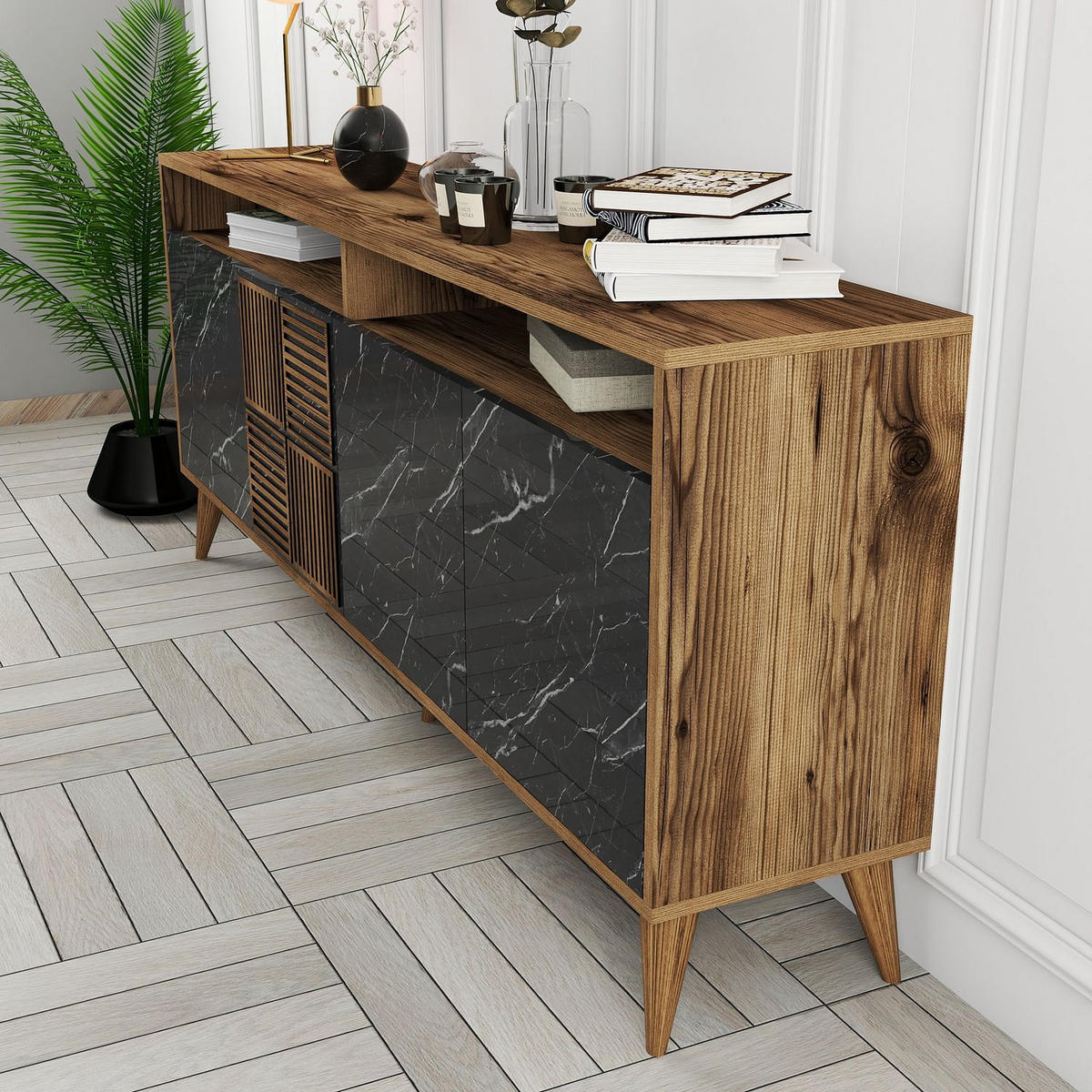 SIDEBOARD 4 Türen L180 cm - Milan - Schwarz, Holzwerkstoff (35/78.6/180cm) - Calicosy