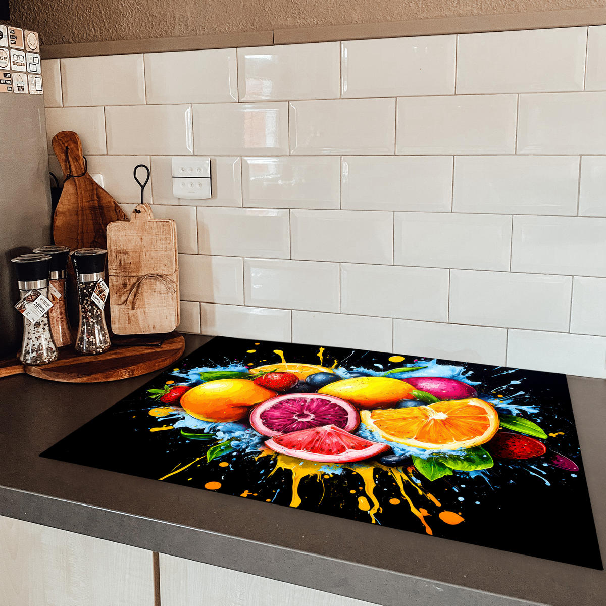 HERDABDECKPLATTE Obst - Graffiti - Bunt - Orange - Erdbeere - Abstrakt Herdabdeckung Induktionsfeld 75x52 cm - Orange, Kunststoff (75/52/0.2cm) - MuchoWow