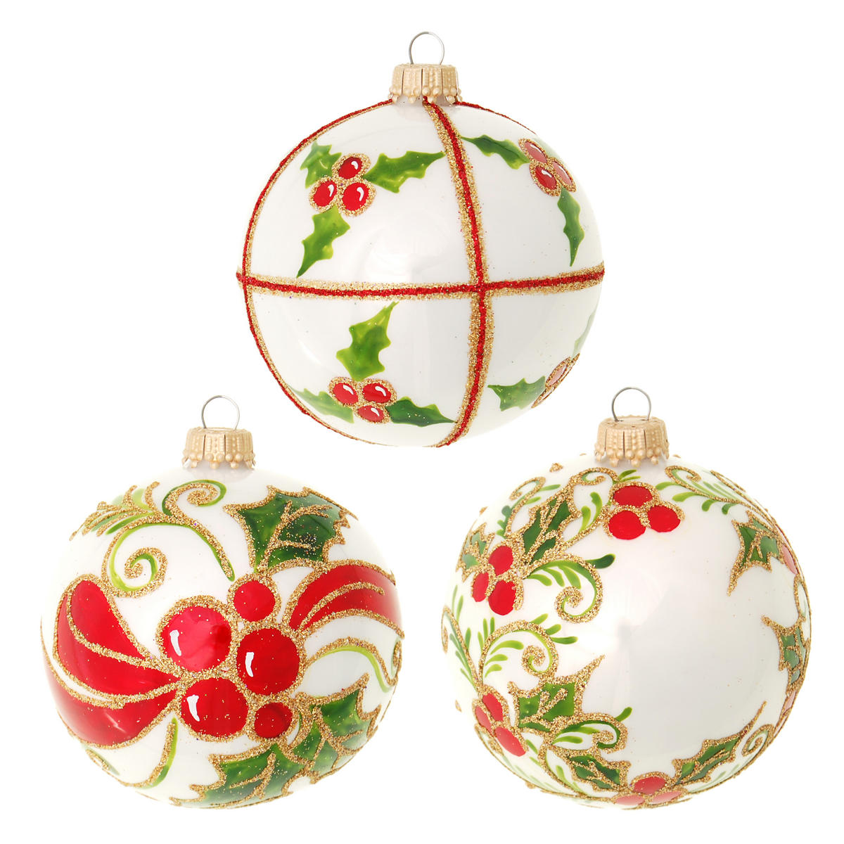 CHRISTBAUMKUGELN Ilex-Garten Weiß 8cm (Glas / 3 Stk.) - Weiß, Glas (8/8/8cm) - Krebs Glas Lauscha