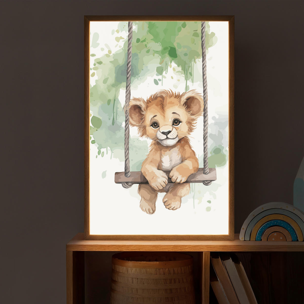 NACHTTISCHLAMPE MIT AKKU Löwe - Tier - Kinder - Dschungel 40x60 cm - Weiß, Holzwerkstoff (8/40/60cm) - OnlyWow
