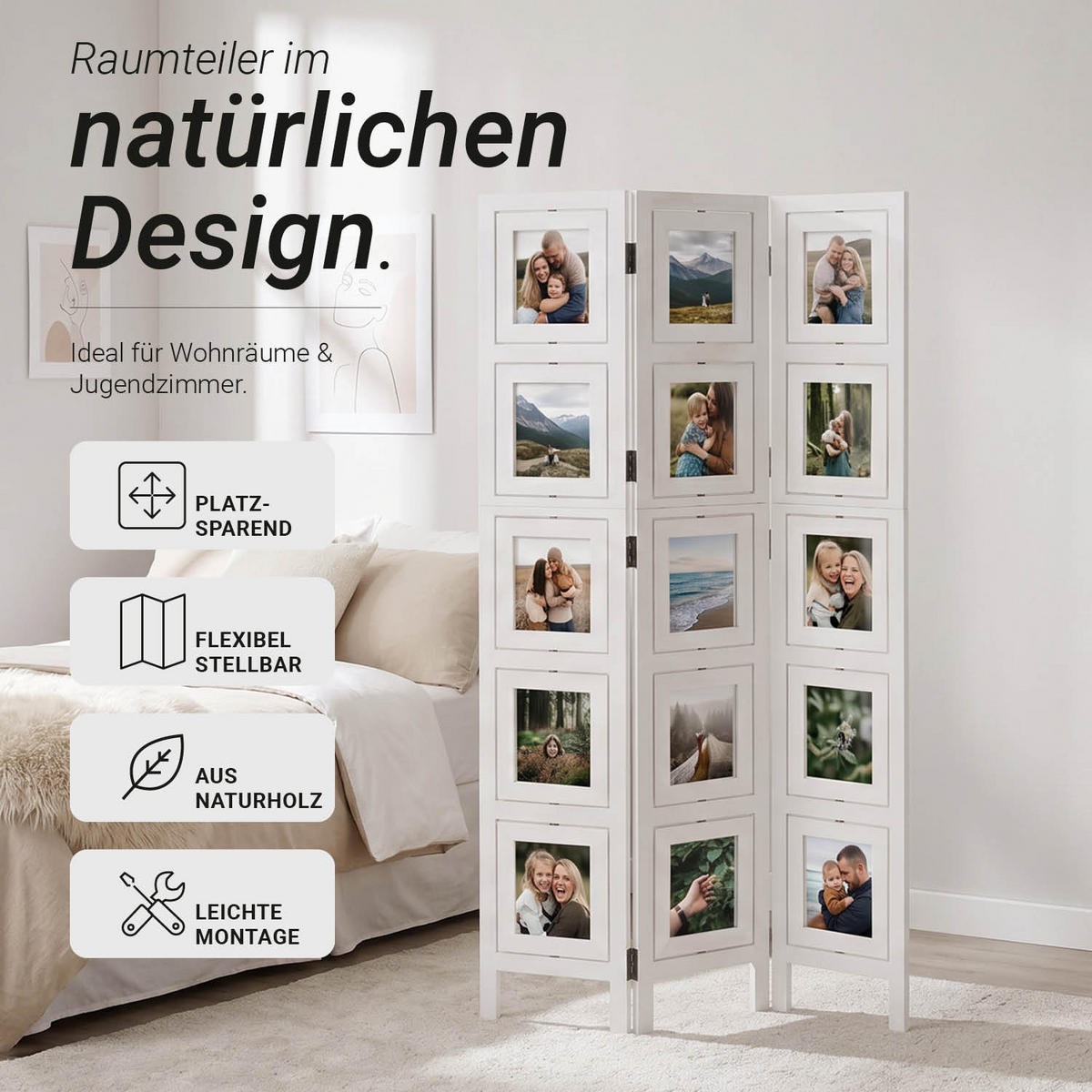 PARAVENT 3-tlg. 93/161 cm Weiß Fotowand - Weiß, Holz (93/161/2cm) - Homestyle4u