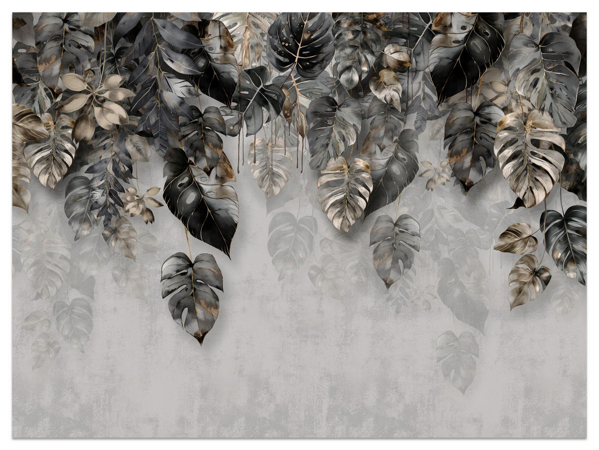 FOTOTAPETE für Wohnzimme Tropenblätter Beton Monstera 300x210 - Gelb/Schwarz, Papier (300/210cm) - Muralo