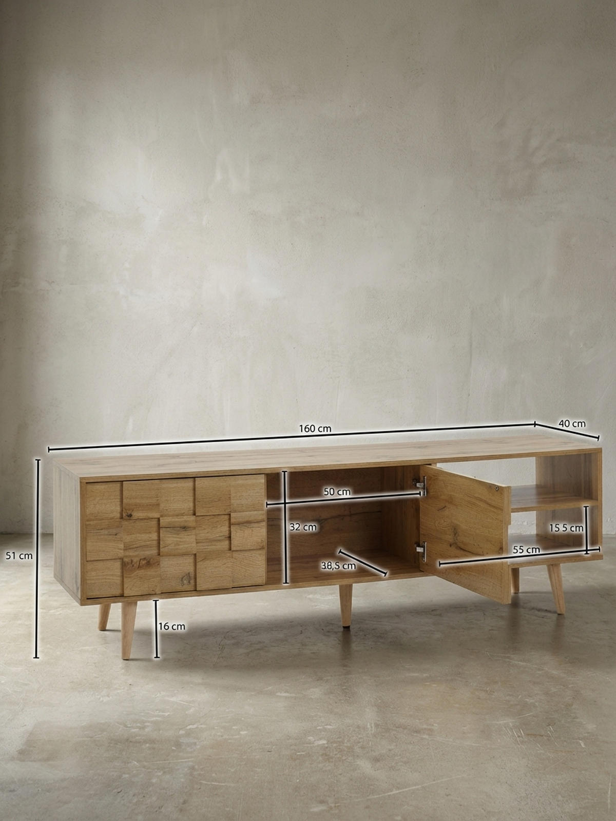 LOWBOARD Eiche-Dekor Modern Stil für 70-Zoll Fernseher - Braun, Eichenholz/Holz (160/51/40cm) - KADIMA DESIGN